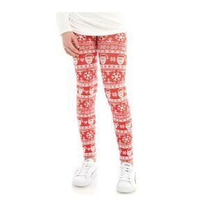 Girls Christmas Patterned Red & White Leggings With Santa & Snowflakes